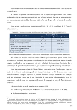 Aqui também a reação de descarga ocorre no sentido da esquerda para a direita e a de recarga no
sentido inverso.
A Tabela 4.11 apresenta características típicas para as células de Níquel-Cádmio. Estas baterias
podem sobreviver ao congelamento e ao degelo sem sofrerem nenhuma alteração no seu desempenho.
As temperaturas elevadas também têm menor efeito sobre elas do que sobre as baterias de chumbo-
ácido.
Uma vez que a tensão nominal por elemento de Ni-Cd é de 1,25 V, monoblocos de 12 V têm 10
células em série.
Tabela 4.11– Tensões características de células e baterias de Níquel-Cádmio. Fonte: (ROBERTS, 1991).
Tensões características
Tensões a 20°C (V)
Célula Bateria com dez células
Nominal 1,25 12
Tensão máxima para baterias abertas 1,50 – 1,65 15,0 – 16,5
Tensão de flutuação para baterias
abertas
1,40 – 1,45 14,0 – 14,5
Taxa de carga para baterias seladas C/10 C/10
Tensão de circuito aberto para os
diversos estados de carga
1,20 – 1,35 12,0 – 13,5
Tensão mínima limite 0 91
Nota: 1. Para evitar polaridade reversa para a primeira célula na bateria que se encontra completamente descarregada.
As baterias de Níquel-Cádmio são menos afetadas por sobrecargas, podem sofrer ciclos
profundos, ser totalmente descarregadas e mantidas assim, sem maiores prejuízos às placas, não estão
sujeitas à sulfatação e seu carregamento não sofre influência da temperatura. Entretanto, têm a
desvantagem de apresentar “efeito memória15
”, que pode reduzir a capacidade de carga útil da bateria.
Uma desvantagem das células de Níquel-Cádmio, em relação às de Chumbo-ácido, é que os
meios de medição do estado de carga não são simples. Isto se deve ao fato de existir muito pouca
variação da tensão e do peso específico do eletrólito durante a descarga. Entretanto, essa limitação
pode ser solucionada com o uso de um controlador de carga digital microprocessado, capaz de
determinar o estado de carga com grande precisão a partir de integração no tempo do fluxo de corrente
na bateria.
Não são aplicadas cargas de equalização em baterias Ni-Cd.
São citadas as seguintes vantagens das baterias Ni-Cd em comparação com as de Pb-H2SO4:
 Podem ser submetidas a sobrecargas;
15
O chamado efeito memória ocorre nas baterias de NiCd quando elas são operadas de forma inadequada, sendo
repetidamente recarregadas sem terem sido totalmente descarregadas, o que acaba “viciando-as” a carregar somente uma
quantia de energia bem menor do que sua capacidade. Ele se deve a modificações químicas sofridas pelos materiais
utilizados na confecção das células, como, por exemplo, a formação de cristais de Cádmio.
195
 