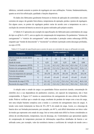 idênticos, variando somente os pontos de regulagem em suas calibrações. Variam, fundamentalmente,
quanto ao nível de sofisticação, qualidade e funções disponíveis.
Os dados dos fabricantes geralmente fornecem os limites de aplicação do controlador, tais como
correntes de carga e do gerador fotovoltaico, temperaturas de operação, perdas e pontos de regulagem.
Em alguns casos, os pontos de regulagem podem variar de acordo com a temperatura ou com a
oscilação da corrente da bateria ou através de ajustes realizados pelo próprio usuário.
A Tabela 4.12 apresenta um exemplo de especificações do fabricante para controladores de carga
do tipo on-off de 6 a 48 V, sem as opções de compensação de temperatura. Os parâmetros “término do
carregamento” e “reinício do carregamento” estão associados à proteção contra sobrecarga (HVD),
enquanto que “tensão de desconexão” e “reconexão” se referem à proteção contra descargas profundas,
ou seja o LVD.
Tabela 4.12–Exemplo de especificações para os pontos de ajuste um controlador de carga on-off baseado em tensão.
Parâmetros
Tensões nominais (V)
Unidades 6 12 24 36 48
Máxima tensão de circuito aberto
do gerador
V 22 22 44 66 88
Queda de tensão V 0,55 0,55 0,55 0,90 0,90
Término do carregamento (HVD) V 7,1  0,1 14,3  0,2 28,6  0,4 42,9  0,6 57, 2  0,8
Reinício do carregamento (HVR) V 6,6  0,2 13,2  0,3 26,4  0,6 39,6  0,9 52,8  1,2
Consumo de corrente mA 10 10 10 10 10
Faixa da temperatura de operação °C -20 a 50 -20 a 50 -20 a 50 -20 a 50 -20 a 50
Faixa da temperatura de
armazenamento
°C -55 a 85 -55 a 85 -55 a 85 -55 a 85 -55 a 85
Desconexão da carga (LVD) V 5,8  0,2 11,5  0,2 23,0  0,4 34,5  0,6 46,0  0,8
Reconexão da carga (LVR) V 6,5  0,2 13,0  0,2 26,0  0,4 39,0  0,6 52,0  0,8
A relação entre o estado de carga e as quantidades físicas acessíveis (tensão, concentração do
eletrólito etc.) e sua dependência de parâmetros externos, em especial da temperatura, não é bem
compreendida. A Figura 4.17 mostra as características do carregamento de uma célula de Chumbo-
ácido. Pode-se verificar que o estado de carga, resultante do produto do tempo com a taxa de carga,
tem uma relação bastante complexa com a tensão e a corrente de carregamento (taxa de carga). A
tensão varia muito lentamente na faixa de 30 a 80 % do estado de carga. Assim, se a descarga da
bateria deve ser limitada precisamente, por exemplo, em 40 %, será difícil determinar um único valor
de tensão que represente este estado de carga. Isto se torna ainda mais difícil se forem considerados os
efeitos de envelhecimento, temperatura, taxa de descarga, etc. Controladores que apresentam opções
de compensação de temperatura precisam de informações específicas detalhadas da bateria a ser
utilizada como, por exemplo, valor da resistência interna e coeficiente de variação da tensão com a
212
 