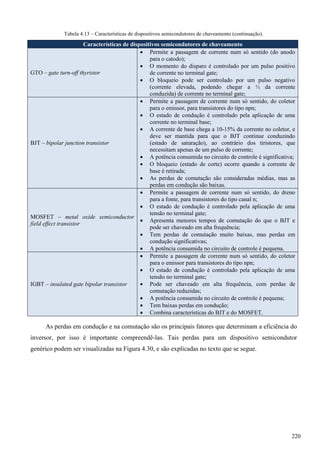 Tabela 4.13 – Características de dispositivos semicondutores de chaveamento (continuação).
Características de dispositivos semicondutores de chaveamento
GTO – gate turn-off thyristor
 Permite a passagem de corrente num só sentido (do anodo
para o catodo);
 O momento do disparo é controlado por um pulso positivo
de corrente no terminal gate;
 O bloqueio pode ser controlado por um pulso negativo
(corrente elevada, podendo chegar a ⅓ da corrente
conduzida) de corrente no terminal gate;
BJT – bipolar junction transistor
 Permite a passagem de corrente num só sentido, do coletor
para o emissor, para transistores do tipo npn;
 O estado de condução é controlado pela aplicação de uma
corrente no terminal base;
 A corrente de base chega a 10-15% da corrente no coletor, e
deve ser mantida para que o BJT continue conduzindo
(estado de saturação), ao contrário dos tiristores, que
necessitam apenas de um pulso de corrente;
 A potência consumida no circuito de controle é significativa;
 O bloqueio (estado de corte) ocorre quando a corrente de
base é retirada;
 As perdas de comutação são consideradas médias, mas as
perdas em condução são baixas.
MOSFET – metal oxide semiconductor
field effect transistor
 Permite a passagem de corrente num só sentido, do dreno
para a fonte, para transistores do tipo canal n;
 O estado de condução é controlado pela aplicação de uma
tensão no terminal gate;
 Apresenta menores tempos de comutação do que o BJT e
pode ser chaveado em alta frequência;
 Tem perdas de comutação muito baixas, mas perdas em
condução significativas;
 A potência consumida no circuito de controle é pequena.
IGBT – insulated gate bipolar transistor
 Permite a passagem de corrente num só sentido, do coletor
para o emissor para transistores do tipo npn;
 O estado de condução é controlado pela aplicação de uma
tensão no terminal gate;
 Pode ser chaveado em alta frequência, com perdas de
comutação reduzidas;
 A potência consumida no circuito de controle é pequena;
 Tem baixas perdas em condução;
 Combina características do BJT e do MOSFET.
As perdas em condução e na comutação são os principais fatores que determinam a eficiência do
inversor, por isso é importante compreendê-las. Tais perdas para um dispositivo semicondutor
genérico podem ser visualizadas na Figura 4.30, e são explicadas no texto que se segue.
220
 