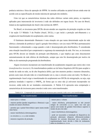potência máxima e faixa de operação do SPPM. As tensões utilizadas no painel devem ainda estar de
acordo com as especificações de tensão máxima de operação dos módulos.
Uma vez que as características técnicas das redes elétricas variam entre países, os requisitos
aplicados para interconexão de inversores à rede são definidos em regras locais. No caso do Brasil,
tratam-se da regulamentação da Aneel e das normas da ABNT.
No Brasil, os inversores para SFCRs devem atender aos requisitos de proteção exigidos no item
5 da seção 3.3 Módulo 3 do Prodist (Aneel, 2012c), o que inclui a proteção anti-ilhamento e a
exigência de transformador de acoplamento, entre outras.
O fenômeno denominado ilhamento é uma situação em que numa determinada seção da rede
elétrica a demanda de potência é igual à geração fotovoltaica e um (ou mais) SFCR(s) permanece(m)
funcionando e alimentando a carga quando a rede é desenergizada pela distribuidora. É considerada
uma situação inaceitável por comprometer a segurança da manutenção da rede. Por isso, os inversores
para SFCRs devem ser dotados de proteção anti-ilhamento, o que implica que estes desconectem
automaticamente da rede elétrica de distribuição, sempre que esta for desenergizada por motivo de
falha ou de manutenção programada da distribuidora.
Alguns inversores incorporam um transformador de acoplamento enquanto que outros não o tem
(transformerless inverters). Os transformadores podem ser de baixa frequência (60 Hz) para acoplar a
tensão de saída na rede, ou de alta frequência (kHz), que tem menores perdas e menores dimensões,
porem custo mais elevado (não só o transformador em si, mas o circuito como um todo). No Brasil, a
regulamentação Aneel exige o transformador de acoplamento nos SFCRs de minigeração, ou seja, cuja
potência instalada é superior a 100kWp, de forma que se estes não já estiverem incorporados no
inversor, então terão de ser instalados externamente. A Tabela 4.16 apresenta uma comparação e
características de inversores para conexão à rede com e sem transformador.
Tabela 4.16 – Comparação de características de inversores para conexão à rede com e sem transformador.
Com transformador Sem transformador
- maior peso e volume
- maiores perdas (perdas magnéticas e ôhmicas) o que
resulta em menor eficiência
- permite que o painel fotovoltaico opere numa tensão
mais baixa
- menor interferência eletromagnética
- os circuitos c.c. e c.a são isolados
- menores requisitos de proteção
- menor peso e volume
- maior eficiência, principalmente se não possuir
estágio de conversão c.c.-c.c. (para isso tem que
operar com tensão do gerador fotovoltaico superior à
tensão de pico da rede)
- maior interferência eletromagnética
- pode ser necessária a instalação de dispositivos de
proteção adicionais (disposto diferencial-residual,
disjuntor de corrente direcional etc.), conforme a
regulamentação local, devido à falta de isolamento
entre os circuitos c.c. e c.a.
238
 