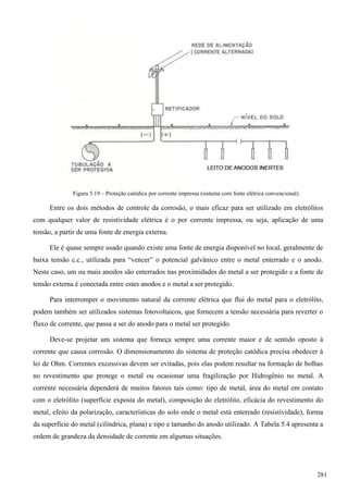Figura 5.19 – Proteção catódica por corrente impressa (sistema com fonte elétrica convencional).
Entre os dois métodos de controle da corrosão, o mais eficaz para ser utilizado em eletrólitos
com qualquer valor de resistividade elétrica é o por corrente impressa, ou seja, aplicação de uma
tensão, a partir de uma fonte de energia externa.
Ele é quase sempre usado quando existe uma fonte de energia disponível no local, geralmente de
baixa tensão c.c., utilizada para “vencer” o potencial galvânico entre o metal enterrado e o anodo.
Neste caso, um ou mais anodos são enterrados nas proximidades do metal a ser protegido e a fonte de
tensão externa é conectada entre estes anodos e o metal a ser protegido.
Para interromper o movimento natural da corrente elétrica que flui do metal para o eletrólito,
podem também ser utilizados sistemas fotovoltaicos, que fornecem a tensão necessária para reverter o
fluxo de corrente, que passa a ser do anodo para o metal ser protegido.
Deve-se projetar um sistema que forneça sempre uma corrente maior e de sentido oposto à
corrente que causa corrosão. O dimensionamento do sistema de proteção catódica precisa obedecer à
lei de Ohm. Correntes excessivas devem ser evitadas, pois elas podem resultar na formação de bolhas
no revestimento que protege o metal ou ocasionar uma fragilização por Hidrogênio no metal. A
corrente necessária dependerá de muitos fatores tais como: tipo de metal, área do metal em contato
com o eletrólito (superfície exposta do metal), composição do eletrólito, eficácia do revestimento do
metal, efeito da polarização, características do solo onde o metal está enterrado (resistividade), forma
da superfície do metal (cilíndrica, plana) e tipo e tamanho do anodo utilizado. A Tabela 5.4 apresenta a
ordem de grandeza da densidade de corrente em algumas situações.
281
 