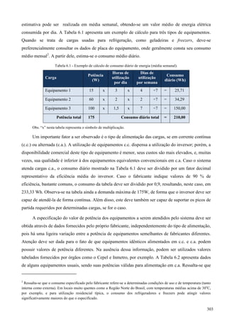 estimativa pode ser realizada em média semanal, obtendo-se um valor médio de energia elétrica
consumida por dia. A Tabela 6.1 apresenta um exemplo de cálculo para três tipos de equipamentos.
Quando se trata de cargas usadas para refrigeração, como geladeiras e freezers, deve-se
preferencialmente consultar os dados de placa do equipamento, onde geralmente consta seu consumo
médio mensal2
. A partir dele, estima-se o consumo médio diário.
Tabela 6.1 - Exemplo de cálculo de consumo diário de energia (média semanal).
Carga
Potência
(W)
Horas de
utilização
por dia
Dias de
utilização
por semana
Consumo
diário (Wh)
Equipamento 1 15 x 3 x 4 ÷7 = 25,71
Equipamento 2 60 x 2 x 2 ÷7 = 34,29
Equipamento 3 100 x 1,5 x 7 ÷7 = 150,00
Potência total 175 Consumo diário total = 210,00
Obs. “x” nesta tabela representa o símbolo de multiplicação.
Um importante fator a ser observado é o tipo de alimentação das cargas, se em corrente contínua
(c.c.) ou alternada (c.a.). A utilização de equipamentos c.c. dispensa a utilização do inversor; porém, a
disponibilidade comercial deste tipo de equipamento é menor, seus custos são mais elevados, e, muitas
vezes, sua qualidade é inferior à dos equipamentos equivalentes convencionais em c.a. Caso o sistema
atenda cargas c.a., o consumo diário mostrado na Tabela 6.1 deve ser dividido por um fator decimal
representativo da eficiência média do inversor. Caso o fabricante indique valores de 90 % de
eficiência, bastante comuns, o consumo da tabela deve ser dividido por 0,9, resultando, neste caso, em
233,33 Wh. Observa-se na tabela ainda a demanda máxima de 175W, de forma que o inversor deve ser
capaz de atendê-la de forma contínua. Além disso, este deve também ser capaz de suportar os picos de
partida requeridos por determinadas cargas, se for o caso.
A especificação do valor de potência dos equipamentos a serem atendidos pelo sistema deve ser
obtida através de dados fornecidos pelo próprio fabricante, independentemente do tipo de alimentação,
pois há uma ligeira variação entre a potência de equipamentos semelhantes de fabricantes diferentes.
Atenção deve ser dada para o fato de que equipamentos idênticos alimentados em c.c. e c.a. podem
possuir valores de potência diferentes. Na ausência dessa informação, podem ser utilizados valores
tabelados fornecidos por órgãos como o Cepel e Inmetro, por exemplo. A Tabela 6.2 apresenta dados
de alguns equipamentos usuais, sendo suas potências válidas para alimentação em c.a. Ressalta-se que
2
Ressalta-se que o consumo especificado pelo fabricante refere-se a determinadas condições de uso e de temperatura (tanto
interna como externa). Em locais muito quentes como a Região Norte do Brasil, com temperaturas médias acima de 30o
C,
por exemplo, e para utilização residencial típica, o consumo dos refrigeradores e freezers pode atingir valores
significativamente maiores do que o especificado.
303
 