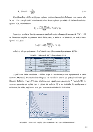 HSP
E
WpP EL
FV  25,1)( (6.27)
Considerando a eficiência típica do conjunto motobomba quando trabalhando com energia solar
FV, de 25 %, a energia elétrica mínima necessária do exemplo em questão é calculada utilizando-se a
Equação 6.26, resultando em:
diaWh
diaWh
EEL /710
25,0
/6,177

Supondo a instalação do sistema em uma localidade onde valores médios anuais de HSP = 5,0 h
são facilmente atingidos no plano do painel fotovoltaico, a potência FV necessária, de acordo com a
Equação 6.27, é de:
Wp
h
Wh
WpPFV 178
0,5
710
25,1)( 
A Tabela 6.8 apresenta valores de eficiência para diferentes configurações de SBFVs.
Tabela 6.8 – Eficiências de SBFVs. Fonte: (Sandia, 1991)
Altura (m) Tipo de motobomba Eficiência
5 centrífuga de superfície 25%
20 centrífuga de superfície 15%
20 submersível 25%
100
submersível ou deslocamento
positivo
35%
> 100 deslocamento positivo 45%
A partir dos dados calculados, a última etapa é a determinação dos equipamentos a serem
utilizados. O método de dimensionamento pode ser confirmado através de gráficos fornecidos pelo
fabricante da bomba (Figura 6.9), caso esta tenha sido especificada previamente. A Figura 6.9(b), por
exemplo, apresenta um gráfico para o cálculo da potência FV a ser instalada, de acordo com os
parâmetros discutidos no presente item, para uma determinada família de bombas.
(a) Kyocera, “Solar Water Pumping Application Guide - SD 12-30 Performance Graph.”
324
 