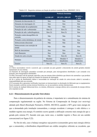 Tabela 6.10 – Requisitos mínimos em função da potência instalada. Fonte: (PRODIST, 2012).
EQUIPAMENTO
Potência Instalada
Até100 kW 101 kW a 500 kW
501 kW a
1 MW
Elemento de desconexão (1) Sim Sim Sim
Elemento de interrupção (2) Sim Sim Sim
Transformador de acoplamento Não Sim Sim
Proteção de sub e sobretensão Sim (3) Sim (3) Sim
Proteção de sub e sobrefrequência Sim (3) Sim (3) Sim
Proteção contra desequilíbrio de
corrente
Não Não Sim
Proteção contra desbalanço de tensão Não Não Sim
Sobrecorrente direcional Não Não Sim
Sobrecorrente com restrição de
tensão
Não Não Sim
Relé de sincronismo Sim Sim Sim
Anti-ilhamento Sim Sim Sim
Estudo de curto-circuito Não Sim (4) Sim (4)
Medição
Medidor
Bidirecional (6)
Medidor 4
Quadrantes
Medidor 4
Quadrantes
Ensaios Sim (5) Sim (5) Sim (5)
Notas:
(1) Chave seccionadora visível e acessível, que a acessada usa para garantir a desconexão da central geradora durante
manutenção em seu sistema.
(2) Elemento de interrupção automático acionado por proteção, para microgeradores distribuídos e por comando e/ou
proteção, para minigeradores distribuídos.
(3) Não é necessário relé de proteção específico, mas um sistema eletro-eletrônico que detecte tais anomalias e que produza
uma saída capaz de operar na lógica de atuação do elemento de interrupção.
(4) Se a norma da distribuidora indicar a necessidade de realização de estudo de curto-circuito caberá à acessada a
responsabilidade pela sua execução.
(5) O acessante deve apresentar certificados (nacionais ou internacionais) ou declaração do fabricante que os equipamentos
foram ensaiados conforme normas técnicas brasileiras, ou, na sua ausência, normas internacionais.
(6) O sistema de medição bidirecional deve, no mínimo, diferenciar a energia elétrica ativa consumida da energia elétrica
ativa injetada na rede.
6.4.1 - Dimensionamento do gerador fotovoltaico
Para o dimensionamento da potência do sistema, é importante ter o entendimento do sistema de
compensação regulamentado na região. No Sistema de Compensação de Energia (net metering)
adotado pelo Brasil (Resolução Normativa ANEEL 482/2012), quando o SFV gerar mais energia do
que a demandada pela instalação consumidora, a energia excedente é entregue à rede elétrica e o
medidor registra essa energia. O contrário ocorre quando a edificação consome mais energia do que a
gerada pelo sistema FV, fazendo com que, neste caso, o medidor registre o fluxo em seu sentido
convencional (ver figura 5.22).
No fim do mês, caso o balanço energético seja positivo (consumidor gerou mais energia elétrica
que a consumida), a distribuidora disponibilizará um crédito energético referente ao excedente, que
327
 