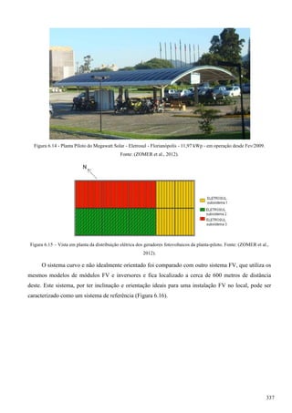 Figura 6.14 - Planta Piloto do Megawatt Solar - Eletrosul - Florianópolis - 11,97 kWp - em operação desde Fev/2009.
Fonte: (ZOMER et al., 2012).
Figura 6.15 – Vista em planta da distribuição elétrica dos geradores fotovoltaicos da planta-piloto. Fonte: (ZOMER et al.,
2012).
O sistema curvo e não idealmente orientado foi comparado com outro sistema FV, que utiliza os
mesmos modelos de módulos FV e inversores e fica localizado a cerca de 600 metros de distância
deste. Este sistema, por ter inclinação e orientação ideais para uma instalação FV no local, pode ser
caracterizado como um sistema de referência (Figura 6.16).
337
 