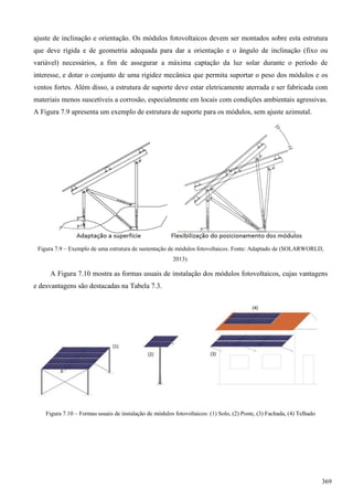 ajuste de inclinação e orientação. Os módulos fotovoltaicos devem ser montados sobre esta estrutura
que deve rígida e de geometria adequada para dar a orientação e o ângulo de inclinação (fixo ou
variável) necessários, a fim de assegurar a máxima captação da luz solar durante o período de
interesse, e dotar o conjunto de uma rigidez mecânica que permita suportar o peso dos módulos e os
ventos fortes. Além disso, a estrutura de suporte deve estar eletricamente aterrada e ser fabricada com
materiais menos suscetíveis a corrosão, especialmente em locais com condições ambientais agressivas.
A Figura 7.9 apresenta um exemplo de estrutura de suporte para os módulos, sem ajuste azimutal.
Figura 7.9 – Exemplo de uma estrutura de sustentação de módulos fotovoltaicos. Fonte: Adaptado de (SOLARWORLD,
2013).
A Figura 7.10 mostra as formas usuais de instalação dos módulos fotovoltaicos, cujas vantagens
e desvantagens são destacadas na Tabela 7.3.
Figura 7.10 – Formas usuais de instalação de módulos fotovoltaicos: (1) Solo, (2) Poste, (3) Fachada, (4) Telhado
369
 