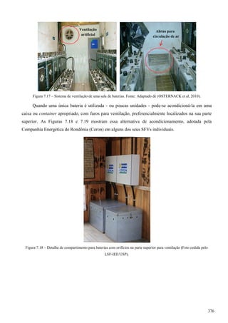 Figura 7.17 – Sistema de ventilação de uma sala de baterias. Fonte: Adaptado de (OSTERNACK et al, 2010).
Quando uma única bateria é utilizada - ou poucas unidades - pode-se acondicioná-la em uma
caixa ou container apropriado, com furos para ventilação, preferencialmente localizados na sua parte
superior. As Figuras 7.18 e 7.19 mostram essa alternativa de acondicionamento, adotada pela
Companhia Energética de Rondônia (Ceron) em alguns dos seus SFVs individuais.
Figura 7.18 – Detalhe de compartimento para baterias com orifícios na parte superior para ventilação (Foto cedida pelo
LSF-IEE/USP).
Ventilação
artificial
Aletas para
circulação de ar
376
 
