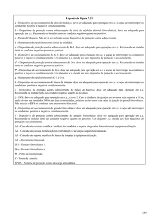 Legenda da Figura 7.29
a - Dispositivo de seccionamento da série de módulos: deve ser adequado para operação em c.c. e capaz de interromper os
condutores positivo e negativo simultaneamente.
b - Dispositivo de proteção contra sobrecorrente da série de módulos (fusível fotovoltaico): deve ser adequado para
operação em c.c. Recomenda-se instalar tanto no condutor negativo quanto no positivo.
c - Diodo de bloqueio: Não deve ser utilizado como dispositivo de proteção contra sobrecorrente.
d - Barramento de paralelismo entre séries de módulos.
e - Dispositivo de proteção contra sobrecorrente do G-1: deve ser adequado para operação em c.c. Recomenda-se instalar
tanto no condutor negativo quanto no positivo.
f - Dispositivo de seccionamento do G-1: deve ser adequado para operação em c.c. e capaz de interromper os condutores
positivo e negativo simultaneamente. Um disjuntor c.c. atende aos dois requisitos de proteção e seccionamento.
e* - Dispositivo de proteção contra sobrecorrente do G-n: deve ser adequado para operação em c.c. Recomenda-se instalar
tanto no condutor negativo quanto no positivo.
f* - Dispositivo de seccionamento do G-n: deve ser adequado para operação em c.c. e capaz de interromper os condutores
positivo e negativo simultaneamente. Um disjuntor c.c. atende aos dois requisitos de proteção e seccionamento.
g - Barramento de paralelismo entre G-1 e G-n.
h - Dispositivo de seccionamento do banco de baterias: deve ser adequado para operação em c.c. e capaz de interromper os
condutores positivo e negativo simultaneamente.
i - Dispositivo de proteção contra sobrecorrente do banco de baterias: deve ser adequado para operação em c.c.
Recomenda-se instalar tanto no condutor negativo quanto no positivo.
j – DPS: deve ser adequado para operação em c.c., classe 2. Caso a distância do gerador ao inversor seja superior a 10 m,
então devem ser instalados DPSs nas duas extremidades, próximo ao inversor e na caixa de junção do painel fotovoltaico.
Não instalar o DPS no condutor com aterramento funcional.
k - Dispositivo de seccionamento do gerador fotovoltaico: deve ser adequado para operação em c.c. e capaz de interromper
os condutores positivo e negativo simultaneamente.
l - Dispositivo de proteção contra sobrecorrente do gerador fotovoltaico: deve ser adequado para operação em c.c.
Recomenda-se instalar tanto no condutor negativo quanto no positivo. Um disjuntor c.c. atende aos dois requisitos de
proteção e seccionamento.
A1 - Conexão da estrutura metálica (moldura dos módulos e suporte do gerador fotovoltaico) à equipotencialização.
A2 - Conexão da carcaça metálica do(s) controlador(es) de carga à equipotencialização.
A3 - Conexão do suporte metálico do banco de baterias à equipotencialização.
AF - Aterramento funcional.
G-1 - Gerador fotovoltaico 1.
G-n - Gerador fotovoltaico n.
M - Ponto de monitoração.
C - Ponto de controle.
SPDA – Sistema de proteção contra descarga atmosférica.
389
 