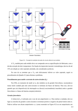 Figura 8.4 – Exemplo de medição da tensão de circuito aberto de um módulo.
A Voc medida para cada módulo deve ser comparada com as especificações do fabricante, com a
devida correção devida à temperatura. Em função da imprecisão inerente à metodologia, desvios de até
15% em relação ao valor esperado calculado, são considerados aceitáveis.
No caso de se constatar que a Voc está efetivamente inferior ao valor esperado, seguir os
procedimentos do Quadro 8.2 para eliminar o problema.
Procedimentos para medir a corrente de curto-circuito (Isc)
Nos SFIs, no momento de medir as Isc dos módulos ou do gerador fotovoltaico, recomenda-se
tomar muito cuidado para não curto-circuitar os terminais do banco de baterias. Para isso, deve-se
garantir que o(s) dispositivo(s) de interrupção ou chave(s) seccionadora(s) inserido(s) entre o gerador
fotovoltaico e o banco de baterias esteja(m) aberto(s).
Gerador fotovoltaico
A leitura da Isc é realizada com o uso de um amperímetro c.c. Para realizar a medição, deve-se
ligar as conexões do gerador e curto-circuitar os terminais positivo e negativo do painel inteiro entre si.
Pode-se utilizar um alicate amperímetro c.c. (como mostrado na Figura 8.5) ou um amperímetro em
413
 