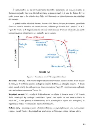 É recomendado o uso de um traçador capaz de medir o painel como um todo, assim como as
fileiras em separado. Caso seja detectado problema na característica I-V de uma das fileiras, deve-se
então, levantar a curva dos módulos desta fileira individualmente, no intuito de detectar o(s) módulo(s)
defeituoso(s).
A própria análise visual do formato da curva I-V fornece informação relevante, permitindo
identificar diversas anomalias em células/módulos, conforme já mostrado nos Capítulos 3 e 4. A
Figura 8.8 resume as 5 irregularidades na curva de uma fileira que devem ser observadas, de acordo
com as respectivas interpretações nos parágrafos que se seguem.
Figura 8.8 – Anomalias na curva I-V de um painel fotovoltaico.
Resistência série (Rs) – pode resultar de problemas nas interconexões elétricas internas de um módulo
da fileira, ou de problemas externos na fiação e conexões da fileira. As alterações na curva I-V de um
painel causada pela Rs são análogas às que foram mostradas na Figura 3.9 e implicam numa inclinação
mais acentuada da curva entre a VMP e a Voc.
Resistência paralelo (Rp) – resulta de defeitos internos em células. A alteração na curva I-V de uma
fileira causada pela Rp é análoga à mostrada na Figura 3.10 e implica em uma maior inclinação na
curva em Isc. Certos padrões de sombreamento ou de distribuição de sujeira (não homogênea) na
superfície do módulo podem causar o mesmo efeito na curva.
Redução na Isc – causada por sujeira sobre os módulos ou por degradação destes. Uma recomendação
é traçar a curva I-V antes e depois de efetuar uma limpeza na fileira, para isolar o efeito da sujeira.
418
 