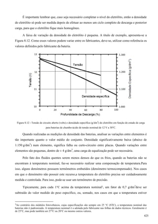É importante lembrar que, caso seja necessário completar o nível do eletrólito, então a densidade
do eletrólito só pode ser medida depois de efetuar ao menos um ciclo completo de descarga e posterior
carga, para que o eletrólito fique mais homogêneo.
A faixa de variação da densidade do eletrólito é pequena. A título de exemplo, apresenta-se a
Figura 8.12. Como esses valores podem variar entre os fabricantes, deve-se, utilizar como referência os
valores definidos pelo fabricante da bateria.
Figura 8.12 - Tensão de circuito aberto (volts) e densidade específica (g/dm3
) do eletrólito em função do estado de carga
para baterias de chumbo-ácido de tensão nominal de 12 V a 30C.
Quando realizadas as medições de densidade das baterias, analisar as variações entre elementos é
tão importante quanto o valor médio do conjunto. Densidade significativamente baixa (abaixo de
1.150 g/dm3
) num elemento, significa falha ou curto-circuito entre placas. Quando variações entre
elementos são pequenas, dentro de ± 4 g/dm3
, uma carga de equalização pode ser necessária.
Pelo fato dos fluidos quentes serem menos densos do que os frios, quando as baterias não se
encontram à temperatura nominal, faz-se necessário realizar uma compensação de temperatura.Para
isso, alguns densímetros possuem termômetros embutidos (densímetro termocompensado). Nos casos
em que o densímetro não possuir este recurso,a temperatura do eletrólito precisa ser cuidadosamente
medida e controlada. Para isso, pode-se usar um termômetro de precisão.
Tipicamente, para cada 1C acima da temperatura nominal3, um fator de 0,7 g/dm3
deve ser
subtraído do valor medido do peso específico, ou, somado, nos casos em que a temperatura estiver
3Ao contrário dos módulos fotovoltaicos, cujas especificações são sempre em 25 °C (STC), a temperatura nominal das
baterias não é padronizada. A temperatura nominal é a adotada pelo fabricante nas folhas de dados técnicos. Geralmente é
de 25°C, mas pode também ser 27°C ou 20°C ou mesmo outros valores.
425
 