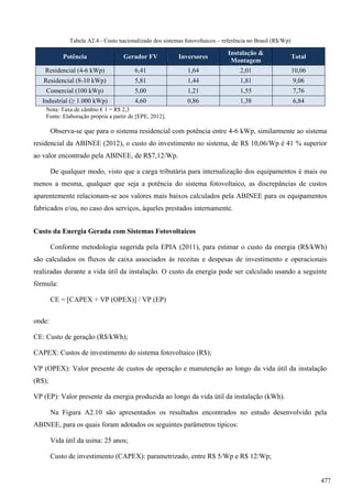 Tabela A2.4 - Custo nacionalizado dos sistemas fotovoltaicos – referência no Brasil (R$/Wp)
Potência Gerador FV Inversores
Instalação &
Montagem
Total
Residencial (4-6 kWp) 6,41 1,64 2,01 10,06
Residencial (8-10 kWp) 5,81 1,44 1,81 9,06
Comercial (100 kWp) 5,00 1,21 1,55 7,76
Industrial (≥ 1.000 kWp) 4,60 0,86 1,38 6,84
Nota: Taxa de câmbio € 1 = R$ 2,3
Fonte: Elaboração própria a partir de [EPE, 2012].
Observa-se que para o sistema residencial com potência entre 4-6 kWp, similarmente ao sistema
residencial da ABINEE (2012), o custo do investimento no sistema, de R$ 10,06/Wp é 41 % superior
ao valor encontrado pela ABINEE, de R$7,12/Wp.
De qualquer modo, visto que a carga tributária para internalização dos equipamentos é mais ou
menos a mesma, qualquer que seja a potência do sistema fotovoltaico, as discrepâncias de custos
aparentemente relacionam-se aos valores mais baixos calculados pela ABINEE para os equipamentos
fabricados e/ou, no caso dos serviços, àqueles prestados internamente.
Custo da Energia Gerada com Sistemas Fotovoltaicos
Conforme metodologia sugerida pela EPIA (2011), para estimar o custo da energia (R$/kWh)
são calculados os fluxos de caixa associados às receitas e despesas de investimento e operacionais
realizadas durante a vida útil da instalação. O custo da energia pode ser calculado usando a seguinte
fórmula:
CE = [CAPEX + VP (OPEX)] / VP (EP)
onde:
CE: Custo de geração (R$/kWh);
CAPEX: Custos de investimento do sistema fotovoltaico (R$);
VP (OPEX): Valor presente de custos de operação e manutenção ao longo da vida útil da instalação
(R$);
VP (EP): Valor presente da energia produzida ao longo da vida útil da instalação (kWh).
Na Figura A2.10 são apresentados os resultados encontrados no estudo desenvolvido pela
ABINEE, para os quais foram adotados os seguintes parâmetros típicos:
Vida útil da usina: 25 anos;
Custo de investimento (CAPEX): parametrizado, entre R$ 5/Wp e R$ 12/Wp;
477
 