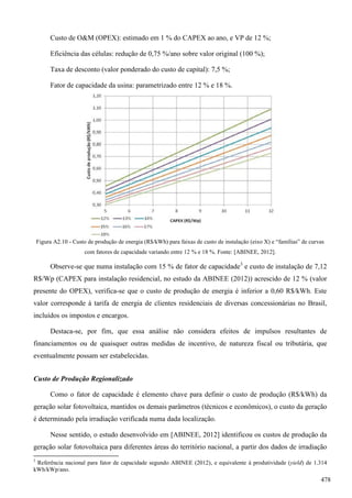 Custo de O&M (OPEX): estimado em 1 % do CAPEX ao ano, e VP de 12 %;
Eficiência das células: redução de 0,75 %/ano sobre valor original (100 %);
Taxa de desconto (valor ponderado do custo de capital): 7,5 %;
Fator de capacidade da usina: parametrizado entre 12 % e 18 %.
Figura A2.10 - Custo de produção de energia (R$/kWh) para faixas de custo de instalação (eixo X) e “famílias” de curvas
com fatores de capacidade variando entre 12 % e 18 %. Fonte: [ABINEE, 2012].
Observe-se que numa instalação com 15 % de fator de capacidade3
e custo de instalação de 7,12
R$/Wp (CAPEX para instalação residencial, no estudo da ABINEE (2012)) acrescido de 12 % (valor
presente do OPEX), verifica-se que o custo de produção de energia é inferior a 0,60 R$/kWh. Este
valor corresponde à tarifa de energia de clientes residenciais de diversas concessionárias no Brasil,
incluídos os impostos e encargos.
Destaca-se, por fim, que essa análise não considera efeitos de impulsos resultantes de
financiamentos ou de quaisquer outras medidas de incentivo, de natureza fiscal ou tributária, que
eventualmente possam ser estabelecidas.
Custo de Produção Regionalizado
Como o fator de capacidade é elemento chave para definir o custo de produção (R$/kWh) da
geração solar fotovoltaica, mantidos os demais parâmetros (técnicos e econômicos), o custo da geração
é determinado pela irradiação verificada numa dada localização.
Nesse sentido, o estudo desenvolvido em [ABINEE, 2012] identificou os custos de produção da
geração solar fotovoltaica para diferentes áreas do território nacional, a partir dos dados de irradiação
3
Referência nacional para fator de capacidade segundo ABINEE (2012), e equivalente à produtividade (yield) de 1.314
kWh/kWp/ano.
478
 