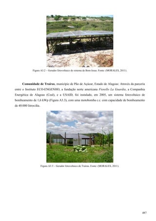 Figura A3.2 – Gerador fotovoltaico do sistema de Bom Jesus. Fonte: (MORALES, 2011).
Comunidade de Traíras, município de Pão de Açúcar, Estado de Alagoas: Através da parceria
entre o Instituto ECO-ENGENHO, a fundação norte americana Fiorello La Guardia, a Companhia
Energética de Alagoas (Ceal), e a USAID, foi instalado, em 2005, um sistema fotovoltaico de
bombeamento de 1,6 kWp (Figura A3.3), com uma motobomba c.c. com capacidade de bombeamento
de 40.000 litros/dia.
Figura A3.3 – Gerador fotovoltaico de Traíras. Fonte: (MORALES, 2011).
487
 