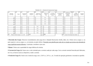 Planilha A4-1 – Cálculo do Consumo das Cargas.
1 2 3 4 5A 5B 6 7 8 D 9 10
c.c.
c.c.
c.c.
c.c.
c.a.
c.a.
c.a.
c.a.
11 11A 11B 12
x
x
N/A
N/A
/
/
/
/
/
/ 7
=
=
/
/
Ciclo de Serviço
Semanal
(dias/sem.)
x
x
Consumo
(Ah/dia)
Eficiência na
Conversão de
Potência
(decimal)
Tensão
Nominal do
Sistema (V)
x
Potência da
Carga c.a.
(W)
Ciclo de
Serviço Diário
(h/dia)
N/A
N/A
x
x
x
N/A =
=
= x
Potência da
Carga c.c. (W)
x
x
x
x
x
/ 7
/ 7
/ 7
/ 7
/ 7
/ 7
x
x
Tensão da
Carga (V)
x x
x
x
x x
c.a. Consumo Total Ampere-hora (Ah/dia)
N/A
N/A=
=
=
=
xx N/A /x / 7
Potência Total das Cargas c.c. e c.a. (W)
=
c.c.
x
=
=
=
=
=
=x
x
/
/
Quant.
Corrente da
Carga (A)
x x
/
/
/
x
x
/
/
Descrição
das Cargas
/
1 Descrição das Cargas: Descrever resumidamente cada carga (isto é, lâmpada fluorescente, bomba, rádio, etc.). Entrar com as cargas c.c. na
parte superior e com as cargas c.a., se existentes, na parte inferior. Preencher uma planilha para cada mês ou estação que possua uma demanda de
carga significativamente diferente. A princípio, considerar o pior caso.
2 Quant.: Entrar com a quantidade de cargas idênticas do sistema.
3 Corrente da Carga (A): Entrar com o valor estimado para a corrente usada por cada carga. Usar a corrente nominal fornecida pelo fabricante,
em A ou, se houver acesso ao dispositivo, medir a corrente.
4 Tensão da Carga (V): Entrar com a tensão da carga, isto é, 120 Vc.a., 24 Vc.c., etc. A tensão de operação geralmente é mostrada no aparelho.
510
 