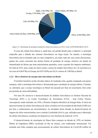 Figura 1.6 - Distribuição da produção mundial de células fotovoltaicas em 2012. Fonte: (GTM RESEARCH, 2013)
O custo das células fotovoltaicas é, ainda hoje, um grande desafio para a indústria e o principal
empecilho para a difusão dos sistemas fotovoltaicos em larga escala. No entanto, a tecnologia
fotovoltaica está se tornando cada vez mais competitiva, em razão, tanto dos seus custos decrescentes,
quanto dos custos crescentes das demais formas de produção de energia, inclusive em função da
internalização de fatores que eram anteriormente ignorados, como a questão dos impactos ambientais.
No final de 2013, para venda em maior escala, o preço do módulo fotovoltaico de c-Si encontrava-se
em cerca de 0,60 €/Wp na Europa, de 0,65 U$/Wp nos EUA e menos de 3 R$/Wp no Brasil.
1.2.2 – Breve histórico da energia solar fotovoltaica no Brasil
O território brasileiro recebe elevados índices de irradiação solar, quando comparado com países
europeus, onde a tecnologia fotovoltaica é disseminada para a produção de energia elétrica. Constata-
se, entretanto, que o avanço tecnológico no Brasil tem passado por fases de crescimento, bem como
por períodos de várias dificuldades.
Nos anos 50, iniciou-se o desenvolvimento de módulos fotovoltaicos no Instituto Nacional de
Tecnologia (INT) e no Centro Tecnológico de Aeronáutica (CTA) – hoje Centro Técnico
Aeroespacial, sendo realizado, em 1958, o Primeiro Simpósio Brasileiro de Energia Solar. O início do
desenvolvimento de células fotovoltaicas de silício cristalino na Universidade de São Paulo (USP) teve
por base o conhecimento em microeletrônica. As atividades foram focadas no desenvolvimento de
lingotes de silício monocristalino com o método Czochralski (Si-Cz), que, utilizados para a fabricação
de células fotovoltaicas, resultaram em dispositivos com eficiência da ordem de 12,5%.
O desenvolvimento de tecnologias de filmes finos começou na década de 1970, no Instituto
Militar de Engenharia (IME), localizado no Rio de Janeiro, com colaboração internacional. Foi
montada uma linha completa para processamento de células fotovoltaicas de Cu2S/CdS (sulfeto de
57
 