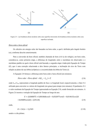 Figura 2.5 – (a) Irradiância direta incidente sobre uma superfície horizontal; (b) Irradiância direta incidente sobre uma
superfície inclinada.
Hora solar e hora oficial
Os cálculos em energia solar são baseados na hora solar, a qual é definida pelo ângulo horário
(), conforme descrito anteriormente.
Para a conversão da hora oficial, também chamada de hora civil (a do relógio), em hora solar,
considera-se, como primeira etapa, a diferença de longitudes entre o meridiano do observador e o
meridiano padrão no qual a hora oficial está baseada; a segunda etapa é dada pela Equação do Tempo
(E), que é uma correção relacionada a dois fatores principais, a inclinação do eixo da Terra com
relação ao plano da sua órbita (eclíptica) e a excentricidade da órbita da Terra ().
A Equação 2.8 fornece a diferença entre hora solar e hora oficial (em minutos).
ELLoficialHorasolarHora locst  )(4 (2.8)
onde Lst e Lloc representam a longitude padrão do fuso e a longitude local, respectivamente, o fator 4 é
utilizado para converter os valores de longitude (em graus) para tempo (em minutos). O parâmetro E é
o valor resultante da Equação do Tempo (apresentada na Equação 2.9), sendo fornecido em minutos. A
Figura 2.6 mostra a variação da Equação do Tempo ao longo do ano.
(2.9)
onde,
(2.10)
sendo n o dia juliano.
75
 