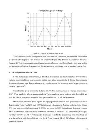 Figura 2.6 – Equação do tempo ao longo do ano.
Verifica-se que o maior valor positivo de E é em torno de 16 minutos, entre outubro e novembro,
e o maior valor negativo é 14 minutos em fevereiro (Figura 2.6). Embora as diferenças devidas à
Equação do Tempo sejam relativamente pequenas, as diferenças entre hora oficial e hora solar podem
ser bastante significativas dependendo da diferença entre os meridianos local, e padrão (Equação 2.8).
2.3 – Radiação Solar sobre a Terra
Como mencionado anteriormente, a densidade média anual do fluxo energético proveniente da
radiação solar (irradiância solar), quando medida num plano perpendicular à direção da propagação
dos raios solares no topo da atmosfera terrestre recebe o nome de “constante solar” e corresponde ao
valor de 1.367 W/m2
.
Considerando que o raio médio da Terra é 6.371 km, e considerando o valor da irradiância de
1.367 W/m2
incidindo sobre a área projetada da Terra, conclui-se que a potência total disponibilizada
pelo Sol à Terra, no topo da atmosfera, é de aproximadamente 174 mil TW (terawatts).
Observações periódicas feitas a partir do espaço permitem análises mais qualitativas dos fluxos
de energia na Terra. Trenberth et al. (2009) atualizaram o diagrama de fluxo de potência global (Figura
2.7), com base em medições de março de 2000 a novembro de 2005. Segundo esse diagrama, cerca de
54 % da irradiância solar que incide no topo da atmosfera, é refletida (7 %) e absorvida (47 %) pela
superfície terrestre (os 46 % restantes são absorvidos ou refletidos diretamente pela atmosfera). Ou
seja, da potência total disponibilizada pelo Sol à Terra, cerca de 94 mil TW chegam efetivamente à
superfície terrestre.
76
 
