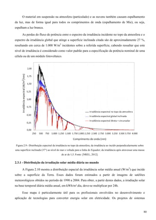 O material em suspensão na atmosfera (particulado) e as nuvens também causam espalhamento
da luz, mas de forma igual para todos os comprimentos de onda (espalhamento de Mie), ou seja,
espalham a luz branca.
As perdas do fluxo de potência entre o espectro da irradiância incidente no topo da atmosfera e o
espectro da irradiância global que atinge a superfície inclinada citada são de aproximadamente 27 %,
resultando em cerca de 1.000 W/m2
incidentes sobre a referida superfície, cabendo ressaltar que este
nível de irradiância é considerado como valor padrão para a especificação da potência nominal de uma
célula ou de um módulo fotovoltaico.
Figura 2.9 - Distribuição espectral da irradiância no topo da atmosfera; da irradiância ao incidir perpendicularmente sobre
uma superfície inclinada (37°) ao nível do mar e voltada para a linha do Equador; da irradiância após atravessar uma massa
de ar de 1,5. Fonte: [NREL, 2012].
2.3.1 - Distribuição da irradiação solar média diária no mundo
A Figura 2.10 mostra a distribuição espacial da irradiância solar média anual (W/m2
) que incide
sobre a superfície da Terra. Esses dados foram estimados a partir de imagens de satélites
meteorológicos obtidos no período de 1990 a 2004. Para obter, a partir destes dados, a irradiação solar
na base temporal diária média anual, em kWh/m².dia, deve-se multiplicar por 24h.
Esse mapa é particularmente útil para os profissionais envolvidos no desenvolvimento e
aplicação de tecnologias para converter energia solar em eletricidade. Os projetos de sistemas
80
 