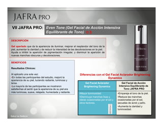VII JAFRA PRO: Even Tone (Gel Facial de Acción Intensiva
                                Equilibrante de Tono) R 

DESCRIPCIÓN

Gel aperlado que da la apariencia de iluminar, mejorar el resplandor del tono de la
piel, aumentar la claridad y de reducir la intensidad de las decoloraciones en la piel.
Ayuda a inhibir la aparición de pigmentación irregular, y disminuir la aparición de
nuevas manchas obscuras y decoloraciones.

BENEFICIOS

Resultados Clínicos:

Al aplicarlo una sola vez:                                      Diferencias con el Gel Facial Aclarador Brightening
• En todas las participantes del estudio, mejoró la                                 Dynamics
apariencia de su piel, luciendo radiante, luminosa y
tersa.                                                              Gel Facial Aclarador            Gel Facial de Acción
• La mayoría de las participantes se mostraron                     Brightening Dynamics           Intensiva Equilibrante de
satisfechas al sentir que la apariencia de su piel era                                                Tono JAFRA PRO
más luminosa, suave, relajada, humectada y radiante.           • Mayor luminosidad               • Empareja el tono de la piel.
                                                               • Disminuye manchas lisas y       • Reduce las manchas
                                                               claras ocasionadas por el sol y   ocasionadas por el sol,
                                                               otros factores.                   secuelas de acné y paño.
                                                                                                 • Aumenta la claridad y
                                                                                                 luminosidad.

Salud es Belleza
 