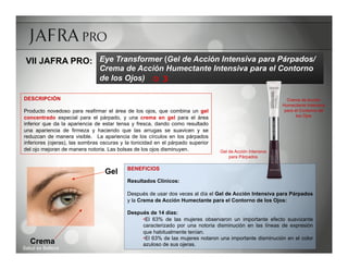 VII JAFRA PRO: Eye Transformer (Gel de Acción Intensiva para Párpados/
                               Crema de Acción Humectante Intensiva para el Contorno
                               de los Ojos) R 

DESCRIPCIÓN                                                                                                  Crema de Acción
                                                                                                           Humectante Intensiva
Producto novedoso para reafirmar el área de los ojos, que combina un gel                                    para el Contorno de
concentrado especial para el párpado, y una crema en gel para el área                                             los Ojos
inferior que da la apariencia de estar tensa y fresca, dando como resultado
una apariencia de firmeza y haciendo que las arrugas se suavicen y se
reduzcan de manera visible. La apariencia de los círculos en los párpados
inferiores (ojeras), las sombras oscuras y la tonicidad en el párpado superior
del ojo mejoran de manera notoria. Las bolsas de los ojos disminuyen.            Gel de Acción Intensiva
                                                                                     para Párpados

                                           BENEFICIOS
                                  Gel
                                           Resultados Clínicos:

                                           Después de usar dos veces al día el Gel de Acción Intensiva para Párpados
                                           y la Crema de Acción Humectante para el Contorno de los Ojos:

                                           Después de 14 días:
                                                • El 63% de las mujeres observaron un importante efecto suavizante
                                                caracterizado por una notoria disminución en las líneas de expresión
                                                que habitualmente tenían.
                                                • El 63% de las mujeres notaron una importante disminución en el color
   Crema                                        azuloso de sus ojeras.
Salud es Belleza
 