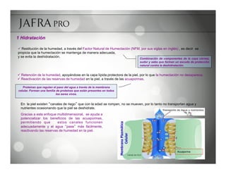 1 Hidratación

ü  Restitución de la humedad, a través del Factor Natural de Humectación (NFM, por sus siglas en inglés) , es decir se
propicia que la humectación se mantenga de manera adecuada,
y se evita la deshidratación.
                                                                                Combinación de componentes de la capa córnea,
                                                                                sudor y sebo que forman un escudo de protección
                                                                                natural contra la deshidratación.


ü  Retención de la humedad, apoyándose en la capa lípida protectora de la piel, por lo que la humectación no desaparece.
ü  Reactivación de las reservas de humedad en la piel, a través de las acuaporinas.

   Proteínas que regulan el paso del agua a través de la membrana
celular. Forman una familia de proteínas que están presentes en todos
                           los seres vivos.


  En la piel existen canales de riego que con la edad se rompen, no se mueven, por lo tanto no transportan agua y
  nutrientes ocasionando que la piel se deshidrate.
  Gracias a este enfoque multidimensional, se ayuda a
  potencializar los beneficios de las acuaporinas,
  permitiendo que         estos canales funcionen
  adecuadamente y el agua pase más fácilmente,
  reactivando las reservas de humedad en la piel.




                                                                                                         Acuaporina
 