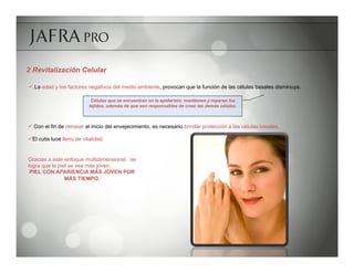 2 Revitalización Celular

ü  La edad y los factores negativos del medio ambiente, provocan que la función de las células basales disminuya.

                             Células que se encuentran en la epidermis: mantienen y reparan los
                            tejidos, además de que son responsables de crear las demás células.



ü  Con el fin de retrasar el inicio del envejecimiento, es necesario brindar protección a las células basales.

ü El cutis luce lleno de vitalidad.


Gracias a este enfoque multidimensional, se
logra que la piel se vea más joven:
 PIEL CON APARIENCIA MÁS JOVEN POR
                MÁS TIEMPO.
 