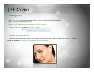 3 Melanogénesis

ü  La melanogénesis es el proceso por el que se forma la melanina. Cuando esto se
acelera aparecen manchas en el rostro.
 Gracias a este enfoque multidimensional, se logra apoyar a :

ü  Inhibir la tirosinasa, aportando brillantez a la piel.
                                  Enzima que produce la melanina.



ü  Reducir la síntesis de melanina.

ü  Normalizar las enzimas encargadas de prevenir la separación de las células (si hay separación, se forman
líneas de expresión). La piel luce intacta y con un tono uniforme.
 