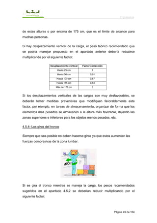 Ergonomía



de estas alturas o por encima de 175 cm, que es el límite de alcance para
muchas personas.

Si hay desplazamiento vertical de la carga, el peso teórico recomendado que
se podría manejar propuesto en el apartado anterior debería reducirse
multiplicando por el siguiente factor:

                     Desplazamiento vertical   Factor corrección
                          Hasta 25 cm                 1
                          Hasta 50 cm                0,91
                          Hasta 100 cm               0,87
                          Hasta 175 cm               0,84
                         Más de 175 cm                0


Si los desplazamientos verticales de las cargas son muy desfavorables, se
deberán tomar medidas preventivas que modifiquen favorablemente este
factor, por ejemplo, en tareas de almacenamiento, organizar de forma que los
elementos más pesados se almacenen a la altura más favorable, dejando las
zonas superiores e inferiores para los objetos menos pesados, etc.

4.5.4- Los giros del tronco

Siempre que sea posible no deben hacerse giros ya que estos aumentan las
fuerzas compresivas de la zona lumbar.




Si se gira el tronco mientras se maneja la carga, los pesos recomendados
sugeridos en el apartado 4.5.2 se deberían reducir multiplicando por el
siguiente factor:



                                                                   Página 49 de 104
 