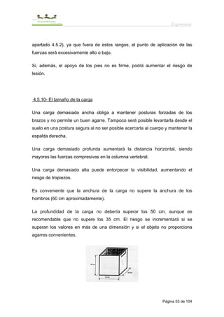Ergonomía



apartado 4.5.2), ya que fuera de estos rangos, el punto de aplicación de las
fuerzas será excesivamente alto o bajo.

Si, además, el apoyo de los pies no es firme, podrá aumentar el riesgo de
lesión.




4.5.10- El tamaño de la carga

Una carga demasiado ancha obliga a mantener posturas forzadas de los
brazos y no permite un buen agarre. Tampoco será posible levantarla desde el
suelo en una postura segura al no ser posible acercarla al cuerpo y mantener la
espalda derecha.

Una carga demasiado profunda aumentará la distancia horizontal, siendo
mayores las fuerzas compresivas en la columna vertebral.

Una carga demasiado alta puede entorpecer la visibilidad, aumentando el
riesgo de tropiezos.

Es conveniente que la anchura de la carga no supere la anchura de los
hombros (60 cm aproximadamente).

La profundidad de la carga no debería superar los 50 cm, aunque es
recomendable que no supere los 35 cm. El riesgo se incrementará si se
superan los valores en más de una dimensión y si el objeto no proporciona
agarres convenientes.




                                                                Página 53 de 104
 