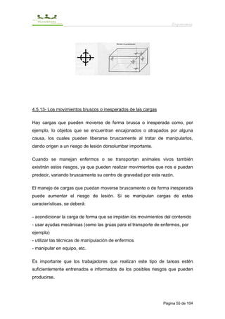 Ergonomía




4.5.13- Los movimientos bruscos o inesperados de las cargas

Hay cargas que pueden moverse de forma brusca o inesperada como, por
ejemplo, lo objetos que se encuentran encajonados o atrapados por alguna
causa, los cuales pueden liberarse bruscamente al tratar de manipularlos,
dando origen a un riesgo de lesión dorsolumbar importante.

Cuando se manejan enfermos o se transportan animales vivos también
existirán estos riesgos, ya que pueden realizar movimientos que nos e puedan
predecir, variando bruscamente su centro de gravedad por esta razón.

El manejo de cargas que puedan moverse bruscamente o de forma inesperada
puede aumentar el riesgo de lesión. Si se manipulan cargas de estas
características, se deberá:

- acondicionar la carga de forma que se impidan los movimientos del contenido
- usar ayudas mecánicas (como las grúas para el transporte de enfermos, por
ejemplo)
- utilizar las técnicas de manipulación de enfermos
- manipular en equipo, etc.

Es importante que los trabajadores que realizan este tipo de tareas estén
suficientemente entrenados e informados de los posibles riesgos que pueden
producirse.




                                                               Página 55 de 104
 