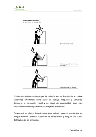 Ergonomía




El deslumbramiento motivado por la reflexión de las fuentes de luz sobre
superficies reflectantes como plano de trabajo, máquinas y ventanas,
disminuye la percepción visual y es causa de incomodidad, tanto más
importante cuando mayor luminancia tenga la fuente de luz.


Para reducir los efectos de deslumbramiento indirecto tenemos que eliminar los
reflejos molestos utilizando superficies de trabajo mates y asegurar una buena
distribución de las luminarias.




                                                               Página 86 de 104
 
