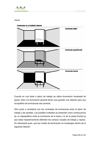 Ergonomía



visual.




Cuando en una tarea o plano de trabajo se utilice iluminación localizada de
apoyo, ésta y la iluminación general tienen que guardar una relación para que
el equilibrio de luminancias sea correcto.

Otro punto a considerar son los contrastes de luminancias entre el plano de
trabajo y las paredes. Las posibles molestias se presentan como consecuencia
de un desequilibrio entre la luminancia de la tarea y la de la pared frontal ya
que éstas respectivamente delimitan los campos visuales de trabajo y reposo.
Es interesante pues, que los niveles de iluminación se mantengan dentro de la
siguiente relación:



                                                                Página 88 de 104
 