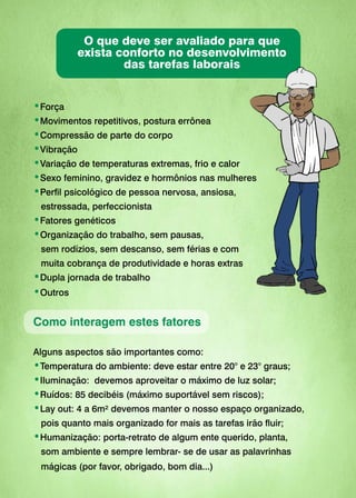 •Força
•Movimentos repetitivos, postura errônea
•Compressão de parte do corpo
•Vibração
•Variação de temperaturas extremas, frio e calor
•Sexo feminino, gravidez e hormônios nas mulheres
•Perfil psicológico de pessoa nervosa, ansiosa,
estressada, perfeccionista
•Fatores genéticos
•Organização do trabalho, sem pausas,
sem rodízios, sem descanso, sem férias e com
muita cobrança de produtividade e horas extras
•Dupla jornada de trabalho
•Outros
Como interagem estes fatores
Alguns aspectos são importantes como:
•Temperatura do ambiente: deve estar entre 20° e 23° graus;
•Iluminação: devemos aproveitar o máximo de luz solar;
•Ruídos: 85 decibéis (máximo suportável sem riscos);
•Lay out: 4 a 6m² devemos manter o nosso espaço organizado,
pois quanto mais organizado for mais as tarefas irão fluir;
•Humanização: porta-retrato de algum ente querido, planta,
som ambiente e sempre lembrar- se de usar as palavrinhas
mágicas (por favor, obrigado, bom dia...)
O que deve ser avaliado para que
exista conforto no desenvolvimento
das tarefas laborais
 
