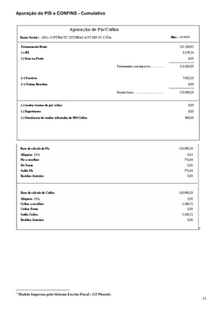 Apuração do PIS e CONFINS - Cumulativo




                                                               5




5
    Modelo Impresso pelo Sistema Escrita Fiscal : G5 Phoenix
                                                                   55
 