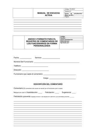 _______________________________________________________________
_______________________________________________________________
_______________________________________________________________
_______________________________________________________________
_______________________________________________________________
_______________________________________________________________
ANEXO 5 FORMATO PARA EL
REGISTRO DE COMENTARIOS DE
LOS FUNCIONARIOS EN FORMA
PERSONALIZADA
Código:
Versión:
Fecha actualización:
Elaborado por:
Aprobado por:
Fecha: ____________ Servicio: __________________
Nombre Del Funcionario: ______________________________________________
Teléfono: ___________________________
Dirección: ___________________________
Funcionario que capta el comentario: _________________________________
Cargo: ___________________________
DESCRIPCIÓN DEL COMENTARIO
Comentario (El comentario del usuario es escrito por el funcionario que lo capta)
Marque con una X: Insatisfacción: ____ Felicitación: ____ Sugerencia: ____
Felicitación posventa (Captada al menos 1 día después de la atención o por actividades posventa): _______
_____________________________________________________________________
_____________________________________________________________________
_____________________________________________________________________
_____________________________________________________________________
_____________________________________________________________________
_____________________________________________________________________
_____________________________________________________________________
_____________________________________________________________________
_____________________________________________________________________
_____________________________________________________________________
_____________________________________________________________________
_____________________________________________________________________
_____________________________________________________________________
MANUAL DE ESCUCHA
ACTIVA
Código: FO-SI-01
Versión:01
Fecha de actualización:
Mayo de 2013
Página:
 