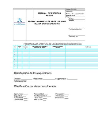 ANEXO 2 FORMATO DE APERTURA DEL
BUZON DE SUGERENCIAS
Código:
Versión:
Fecha actualización:
Elaborado por:
FORMATO PARA APERTURA DE LOS BUZONES DE SUGERENCIAS
I
TEM
FECH
A
N°
FORMATO
S
FUNCIONARIO QUE REALIZA LA
APERTURA DEL BUZÓN
FIRMA DEL USUARIO
TESTIGO
TELÉFONO
1
2
3
4
5
6
7
8
Clasificación de las expresiones
Quejas: __________ Reclamos:___________ Sugerencias :_________
Felicitaciones:__________
Clasificación por derecho vulnerado:
Oportunidad: ____ Accesibilidad: ____ Priorización: ____
Seguridad: ____ Confidencialidad: ____ Información: ___
Puntualidad: ____ Buen trato: ____ Pertinencia: ____
Continuidad: ____ Otro (Cuál): ___
MANUAL DE ESCUCHA
ACTIVA
Código: FO-SI-01
Versión:01
Fecha de actualización:
Mayo de 2013
Página:
 
