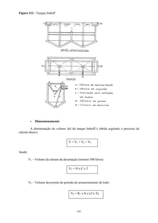V = V1 + V2 + V3 
V1 = N x C x T 
193 
Figura 112 - Tanque Imhoff 
· Dimensionamento 
A determinação do volume útil do tanque Imhoff é obtida seguindo o processo de 
cálculo abaixo: 
Sendo: 
V1 – Volume da câmara de decantação (mínimo 500 litros): 
V2 – Volume decorrente do período de armazenamento do lodo: 
V2 = R1 x N x Lf x Ta 
 