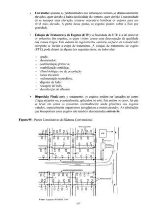 · Elevatória: quando as profundidades das tubulações tornam-se demasiadamente 
elevadas, quer devido à baixa declividade do terreno, quer devido à necessidade 
de se transpor uma elevação, torna-se necessário bombear os esgotos para um 
nível mais elevado. A partir desse ponto, os esgotos podem voltar a fluir por 
gravidade. 
· Estação de Tratamento de Esgotos (ETE): a finalidade da ETE é a de remover 
os poluentes dos esgotos, os quais viriam causar uma deterioração da qualidade 
dos cursos d’água. Um sistema de esgotamento sanitário só pode ser considerado 
completo se incluir a etapa de tratamento. A estação de tratamento de esgoto 
(ETE), pode dispor de alguns dos seguintes itens, ou todos eles: 
- grade; 
- desarenador; 
- sedimentação primária; 
- estabilização aeróbica; 
- filtro biológico ou de percolação 
- lodos ativados; 
- sedimentação secundária; 
- digestor de lodo; 
- secagem de lodo; 
- desinfecção do efluente. 
· Disposição Final: após o tratamento, os esgotos podem ser lançados ao corpo 
d’água receptor ou, eventualmente, aplicados no solo. Em ambos os casos, há que 
se levar em conta os poluentes eventualmente ainda presentes nos esgotos 
tratados, especialmente organismos patogênicos e metais pesados. As tubulações 
que transportam estes esgotos são também denominadas emissário. 
Figura 95 - Partes Constitutivas do Sistema Convencional 
REDES COLETORAS 
INTERCEPTOR MARGEM ESQUERDA 
CÓRREGO 
INTERCEPTOR MARGEM DIREITA 
167 
REDE 
TRONCO 
REDE 
TRONCO 
REDE 
TRONCO 
ETE 
RECALQUE 
ESTAÇAO 
ELEVATÓRIA 
DE ESGOTO 
PV 
EMISSÁRIO 
RAMAIS PREDIAIS 
RIO (CORPO RECEPTOR) 
Fonte: Adaptado BARROS, 1995 
 