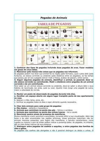 Pegadas de Animais




1. Conhecer dez tipos de pegadas incluindo duas pegadas de aves. Fazer modelos
em gesso de cinco delas.
2. Mencionar pelo menos três coisas que as pegadas nos informam.
As pegadas podem nos dizer que animal há na região (pelo formato), qual o peso dele (pela
fundura), se estava correndo ou andando (pela distância entre as pegadas), se faz tempo
que passou por ali (se a pegada estiver mole e fresca, acabou de passar), entre outras.
3. Seguir algumas pegadas de animais, identificar o animal, se possível; dizer se
ele estava correndo ou caminhando. Medir a distância entre pegadas de um animal
correndo e de um caminhando.
Para saber se um animal estava correndo ou andando, deve-se saber a altura dele e seus
hábitos de locomoção (se anda, pula ou voa). Quanto mais longe uma pegada da outra,
maior a velocidade de corrida.

4. Manter um posto de observação de pegadas durante três dias.
a. Escolher um espaço aberto em algum lugar tranqüilo perto de seu apartamento
ou casa.
b. Aplanar o chão, lama, areia, etc.
c. Verificar as pegadas todos os dias e repor alimento quando necessário.

5. Citar dois animais para cada grupo de pegadas:
a. Pés chatos – elefante e hipopótamo
b. Animais que caminham na ponta dos pés – felinos e canídeos
c. Animais que caminham na ponta das unhas/cascos – boi e cavalo
6. Mencionar quatro sinais da presença de mamíferos.
Muitos mamíferos vivem sozinhos e escondidos, tornando difícil a sua visualização. Além das
fezes e do odor encontrados nas regiões próximas, áreas próximas costumam não ter
animais menores presentes, pois fogem dos mamíferos, o barulho característico, como
rugidos ou mesmo o som do andar podem indicar a presença deles. As pegadas, no entanto,
são os mais fortes indícios de sua presença.
7. Distinguir entre pegadas de coelhos e esquilos, e entre pegadas das famílias de
cães e gatos.
As pegadas dos coelhos são alongadas e não é possível distinguir os dedos e unhas. O
 