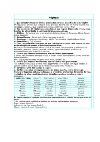 Répteis

1. Que características um animal precisa ter para ser classificado como réptil?
Os répteis são animais que rastejam e são providos de uma pele em forma de uma dura
carapaça ou escamas que os protegem. São pecilotermos (sangue frio).
2. Dar o nome de 15 répteis encontrados em sua região. Dizer onde vivem, seus
hábitos de alimentação e sua importância na econômica.
1) Ofídios – Coral, Jararaca, Urutu-cruzeiro, Cotiara, Cascavel, Surucucu, Jibóia, Sucuri,
Cobra-papagaio.
2) Crocodilianos – Jacaré-açú e Jacaré-do-papo-amarelo
3) Quelônios – tartarugas (marinhas), jabutis (terrestres) e cágados (água-doce).
4) Lacertídios – Teiú e Iguana
3. Citar cinco répteis venenosos de sua região descrevendo cada um em termos
de localização de presas e distribuição geográfica.
Os únicos répteis venenosos são os ofídeos. No Brasil, destacam-se 4 grandes grupos:
cascavéis, jararacas (urutu-cruzeiro e cotiara), corais-verdadeiras e surucucus.
Encontrados em todo o território nacional.
4. Dizer o que fazer se for mordido por uma cobra peçonhenta.
A vítima não pode fazer esforços físicos, ir o mais rápido possível tomar o soro antiofídio
correspondente
Obs. Esqueça torniquetes, chupar o local, furar, apertar, etc.
5. Dizer o que fazer se for mordido por uma cobra não peçonhenta.
Ter certeza absoluta que a cobra não é peçonhenta, lavar o local com água e sabão e
aplicar curativo estéril. Pode-se dar analgésicos caso tenha muita dor.
6. Completar uma das tarefas a seguir:
a. Contar como vive um representante de cada: lagarto, cobra, tartaruga.
Comparar lagartos, cobras, tartarugas e crocodilos em termos de formas de vida,
variações no olho e orelhas, dentes, coração, pulmões, membros, rabo e
escamas.
PARTES DO CORPO LAGARTO                    TARTARUGA          CROCODILO                    COBRA
         Olhos               Presente         Presente           Presente                  Presente
        Ouvidos              Presente         Presente           Presente                  Presente
        Coração            3 Cavidades      3 Cavidades        4 Cavidades               3 Cavidades
         Dentes              Presente       Bico Córneo          Presente            c/ ou s/ Inoculador
        Pulmões              Presente         Presente           Presente                  Presente
        Membros             4 Membros       4 Membros           4 Membros                  Ausente
         Cauda               Alongada         Pequena            Alongada                 Alongada
        Escamas              Escamas        2 Carapaças       Placas Córneas               Escamas
b. Manter um pequeno réptil num terrário e fazer um relatório de seus cuidados, durante pelo menos três
meses.
7. Ser capaz de contar duas histórias da Bíblia nas quais um réptil teve papel importante.
Eva e a serpente (Gênesis 3)
Arão e a vara que virou serpente (Êxodo 7)
Moisés e a serpente de bronze (Números 21:4-9)
 