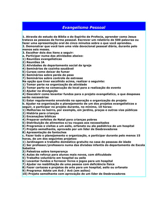 Evangelismo Pessoal

1. Através do estudo da Bíblia e do Espírito de Profecia, aprender como Jesus
tratava as pessoas de forma pessoal. Escrever um relatório de 500 palavras ou
fazer uma apresentação oral de cinco minutos sobre o que você aprendeu.
2. Demonstrar que você tem uma vida devocional pessoal diária, durante pelo
menos seis meses.
3. Escolher dois dos itens a seguir:
a. Participar numa das atividades abaixo:
1) Reuniões evangelísticas
2) Reuniões JA
3) Atividades do departamento social da igreja
4) Seminários de cozinha saudável
5) Cursos como deixar de fumar
6) Seminários sobre perda de peso
7) Seminários sobre controle de estresse
Na opção que tiver escolhido acima, realizar o seguinte:
1) Tomar parte na organização da atividade
2) Tomar parte na consecução do local para a realização do evento
3) Ajudar na divulgação
4) Descobrir como levantar fundos para o projeto evangelístico, e que despesas
serão necessárias
5) Estar regularmente envolvido na operação e organização do projeto
b. Ajudar na organização e planejamento de um dos projetos evangelísticos a
seguir, e participar no projeto durante, no mínimo, 10 horas:
1) Melhorias no bairro, por exemplo, em jardins, praças e outras vias públicas
2) História para crianças
3) Encenações bíblicas
4) Preparar enfeites de Natal para crianças pobres
5) Distribuição de alimentos e/ou roupas aos necessitados
6) Programas e visitas a um asilo, orfanato ou ala pediátrica de um hospital
7) Projeto semelhante, aprovado por um líder de Desbravadores
8) Apresentação de fantoches
c. Fazer todo o planejamento e organização, e participar durante pelo menos 15
horas, de um dos seguintes projetos:
1) Jardinagem e trabalho doméstico gratuito na casa de pessoas de idade
2) Ser professor/professora numa das divisões infantis do departamento de Escola
Sabatina
3) Palestras sobre temperança
4) Aulas de reforço para alunos mais novos, com dificuldade
5) Trabalho voluntário em hospital ou asilo
6) Levantar fundos e fornecer livros e jogos para um hospital
7) Ajudar na reabilitação de uma pessoa com deficiência física
8) Fazer cartazes e projetos de arte para um hospital, asilo ou orfanato
9) Programa: Adote um Avô / Avó (em asilos)
10) Projeto semelhante com aprovação de um líder de Desbravadores
 