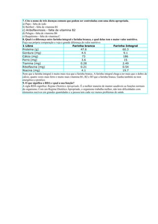 7. Cite o nome de três doenças comuns que podem ser controladas com uma dieta apropriada.
a) Papo - falta de iodo
b) Beriberi - falta de vitamina B1
c) Ariboflavinosis - falta de vitamina B2
d) Pelagra - falta de vitamina B6
e) Raquitismo - falta de vitamina C
8. Qual é a diferença entre farinha integral e farinha branca, e qual delas tem o maior valor nutritivo.
Faça sua própria comparação e veja a grande diferença do valor nutritivo:
1 Libra                                        Farinha branca                          Farinha Integral
Proteína (g)                                            47.6                                    60.3
Gordura (mg)                                             4.5                                     9.1
Cálcio (mg)                                              73                                     186
Ferro (mg)                                               3.6                                     15
Tiamina (mg)                                            0.28                                    2.49
Riboflavina (mg)                                        0.21                                    0.54
Niacina (mg)                                             4.1                                    19.7
Note que a farinha integral é muito mais rica que a farinha branca. A farinha integral chega a ter mais que o dobro de
cálcio, quatro vezes mais ferro e muito mais vitamina B1, B2 e B3 que a farinha branca. Ganha também no teor
energético e protéico.
9. O que significa o RDA e qual a sua função?
A sigla RDA significa: Regime Dietético Apropriado. É a melhor maneira de manter saudáveis as funções normais
do organismo. Com um Regime Dietético Apropriado, o organismo trabalha melhor, não tem dificuldades com
elementos nocivos em grandes quantidades e a pessoa tem cada vez menos problemas de saúde.
 