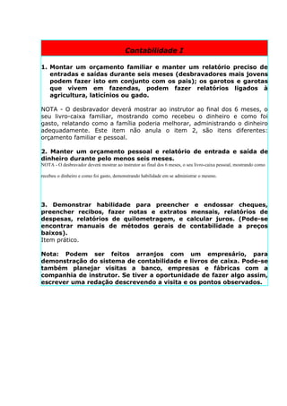 Contabilidade I

1. Montar um orçamento familiar e manter um relatório preciso de
   entradas e saídas durante seis meses (desbravadores mais jovens
   podem fazer isto em conjunto com os pais); os garotos e garotas
   que vivem em fazendas, podem fazer relatórios ligados à
   agricultura, laticínios ou gado.

NOTA - O desbravador deverá mostrar ao instrutor ao final dos 6 meses, o
seu livro-caixa familiar, mostrando como recebeu o dinheiro e como foi
gasto, relatando como a família poderia melhorar, administrando o dinheiro
adequadamente. Este item não anula o item 2, são itens diferentes:
orçamento familiar e pessoal.

2. Manter um orçamento pessoal e relatório de entrada e saída de
dinheiro durante pelo menos seis meses.
NOTA - O desbravador deverá mostrar ao instrutor ao final dos 6 meses, o seu livro-caixa pessoal, mostrando como

recebeu o dinheiro e como foi gasto, demonstrando habilidade em se administrar o mesmo.




3. Demonstrar habilidade para preencher e endossar cheques,
preencher recibos, fazer notas e extratos mensais, relatórios de
despesas, relatórios de quilometragem, e calcular juros. (Pode-se
encontrar manuais de métodos gerais de contabilidade a preços
baixos).
Item prático.

Nota: Podem ser feitos arranjos com um empresário, para
demonstração do sistema de contabilidade e livros de caixa. Pode-se
também planejar visitas a banco, empresas e fábricas com a
companhia de instrutor. Se tiver a oportunidade de fazer algo assim,
escrever uma redação descrevendo a visita e os pontos observados.
 
