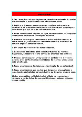 Eletricidade

1. Ser capaz de explicar e ilustrar um experimento através do qual as
leis de atração e repulsão elétricas são demonstradas.

2. Explicar a diferença entre correntes contínua e alternada, e
demonstrar as utilidades de cada uma. Apresentar um método para
determinar que tipo de fluxo tem certo circuito.

3. Fazer um eletroímã simples, ou ligar uma campainha ou lâmpada a
uma bateria, usando um interruptor em linha.

4. Montar e colocar para funcionar um motor elétrico simples, a
partir de um kit, ou desmontar um motor elétrico e identificar as
partes e explicar como funcionam.

5. Ser capaz de construir uma bateria elétrica.

6. Demonstrar habilidade para substituir fusíveis ou rearmar
disjuntores, e mostrar a forma correta de emendar fios elétricos.

7. Mostrar como resgatar uma pessoa em contato com a corrente
elétrica, e ter conhecimento dos métodos de reavivar uma pessoa
após um choque.

8. Fazer um diagrama do sistema de iluminação de um automóvel.

9. Fazer um diagrama que mostre que lâmpadas, interruptores e
tomadas são controlados por cada fusível ou disjuntor em uma casa.

10. Ler um medidor (relógio) de eletricidade corretamente, e
computar a conta de luz de uma residência com as taxas cobradas
em sua região.
 