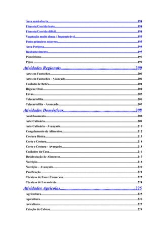 Área semi-aberta.....................................................................................................................194
  Floresta/Corrida lenta............................................................................................................194
  Floresta/Corrida difícil...........................................................................................................194
  Vegetação muito densa / Impenetrável..................................................................................195
  Posto primeiros socorros........................................................................................................195
  Área Perigosa..........................................................................................................................195
  Reabastecimento.....................................................................................................................195
  Pioneirismo..............................................................................................................................197
  Pipas ........................................................................................................................................199

Atividades Regionais....................................................................200
  Arte em Fantoches..................................................................................................................200
  Arte em Fantoches - Avançado..............................................................................................200
  Cuidado de Bebês....................................................................................................................201
  Higiene Oral............................................................................................................................202
  Ervas........................................................................................................................................205
  Telecartofilia............................................................................................................................206
  Telecartofilia - Avançado........................................................................................................207

Atividades Domésticas.................................................................208
  Acolchoamento........................................................................................................................208
  Arte Culinária.........................................................................................................................209
  Arte Culinária - Avançado.....................................................................................................210
  Congelamento de Alimentos...................................................................................................212
  Costura Básica.........................................................................................................................213
  Corte e Costura.......................................................................................................................214
  Corte e Costura - Avançado...................................................................................................215
  Cuidados da Casa....................................................................................................................216
  Desidratação de Alimentos.....................................................................................................217
  Nutrição...................................................................................................................................218
  Nutrição – Avançado...............................................................................................................220
  Panificação ..............................................................................................................................221
  Técnicas de Fazer Conservas..................................................................................................222
  Técnicas de Lavanderia..........................................................................................................224

Atividades Agrícolas....................................................................225
  Agricultura..............................................................................................................................225
  Apicultura................................................................................................................................226
  Avicultura................................................................................................................................227
  Criação de Cabras...................................................................................................................228
 