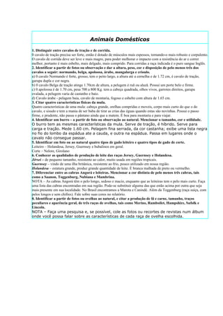 Animais Domésticos
1. Distinguir entre cavalos de tração e de corrida.
0 cavalo de tração precisa ser forte, então é dotado de músculos mais espessos, tornando-o mais robusto e corpulento.
O cavalo de corrida deve ser leve e mais magro, para poder melhorar o impacto com a resistência do ar e correr
melhor, portanto é mais esbelto, mais delgado, mais comprido. Para corridas a raça indicada é o puro sangue Inglês.
2. Identificar a partir de fotos ou observação e dar a altura, peso, cor e disposição de pelo menos três dos
cavalos a seguir: normando, belga, apoloosa, árabe, mangalarga e crioulo.
a) 0 cavalo Normando é forte, grosso, tem o peito largo, a altura até a cernelha e de 1.72 cm, é cavalo de tração,
garupa dupla e cor negra.
b) 0 cavalo Belga de tração atinge 1.70cm de altura, a pelugem é ruã ou alazã. Possui um porte belo e firme.
c) 0 apoloosa é de 1.70 cm, pesa 700 a 800 Kg. tem a cabeça quadrada, olhos vivos, garrotes direitos, garupa
ovalada, a pelugem varia de castanho e baio.
d) Cavalo árabe - pelagem baia, cavalo de montaria, fogoso e esbelto com altura de 1.65 cm.
3. Citar quatro características físicas da mula.
Quatro características de uma mula: cabeça grande, orelhas compridas e moveis, corpo mais curto do que o do
cavalo, e sisudo e tem a mania de ser baba de tirar as crias das éguas quando estas são novinhas. Possui o passo
firme, e prudente, não passa o pântano ainda que a matem. É boa para montaria e para viajar.
4. Identificar um burro – a partir de foto ou observação ao natural. Mencionar o tamanho, cor e utilidade.
O burro tem as mesmas características da mula. Serve de tração, é híbrido. Serve para
carga e tração. Mede 1.60 cm. Pelagem fina serrada, da cor castanha; exibe uma lista negra
no fio do lombo da espádua ate a cauda, e outra na espádua. Passa em lugares onde o
cavalo não consegue passar.
5. Identificar em foto ou ao natural quatro tipos de gado leiteiro e quatro tipos de gado de corte.
Leiteiro – Holandesa, Jersey, Guernsey e bubalinos em geral.
Corte – Nelore, Girolano
6. Conhecer as qualidades de produção de leite das raças Jersey, Guernsey e Holandesa.
Jérsei – de pequeno tamanho, resistente ao calor, muito usada em regiões tropicais.
Guernsey – vindo de uma ilha britânica, resistente ao frio, pouco utilizado em nossa região.
Holandesa – estatura grande, produz grande quantidade de leite. É branca malhada de preto ou vermelho.
7. Diferenciar entre as cabras Angorá e leiteiras. Mencionar a cor distinta de pelo menos três cabras, tais
como a Saanon, Toggenburg, Nubiana e Mambrina.
NOTA – As cabras Angorá têm o pelo longo, sedoso e macio, enquanto que as leiteiras tem o pelo mais curto. Faça
uma lista das cabras encontradas em sua região. Pode-se substituir alguma das que estão acima por outra que seja
mais presente em sua localidade. No Brasil encontramos a Marota e Canindé. Além da Toggenburg (raça suíça, com
pelos longos e sem chifres). Fale sobre suas cores no relatório.
8. Identificar a partir de fotos ou ovelhas ao natural, e citar a produção de lã e carne, tamanho, traços
peculiares e aparência geral, de três raças de ovelhas, tais como Merino, Ramboilet, Hampshire, Sufolk e
Lincoln.
NOTA – Faça uma pesquisa e, se possível, cole as fotos ou recortes de revistas num álbum
onde você possa falar sobre as características de cada raça de ovelha escolhida.
 