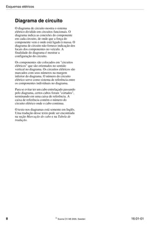 8  Scania CV AB 2005, Sweden 16:01-01
Diagrama de circuito
O diagrama de circuito mostra o sistema
elétrico dividido em circuitos funcionais. O
diagrama indica as conexões do componente
em cada circuito, de onde que a força do
componente vem e onde está ligado à massa. O
diagrama de circuito não fornece indicação dos
locais dos componentes no veículo. A
finalidade do diagrama é mostrar a
configuração do circuito.
Os componentes são colocados em "circuitos
elétricos" que são orientados no sentido
vertical no diagrama. Os circuitos elétricos são
marcados com seus números na margem
inferior do diagrama. O número do circuito
elétrico serve como sistema de referência entre
os componentes individuais no diagrama.
Para se evitar ter um cabo entrelaçado passando
pelo diagrama, certos cabos foram "cortados",
terminando em uma caixa de referência. A
caixa de referência contém o número do
circuito elétrico onde o cabo continua.
O texto nos diagramas está somente em Inglês.
Uma tradução desse texto pode ser encontrada
na seção Marcação do cabo e na Tabela de
tradução.
Esquemas elétricos
 