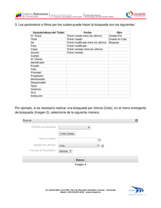 3. Los parámetros o filtros por los cuales puede hacer la búsqueda son los siguientes:

             Características del Ticket                Fecha                      Otro
           N° Ticket                    Ticket creado entre los últimos     Creado Por
           Titulo                       Ticket creado                       Creado en Cola
           De                           Ticket modificado entre los últimos Bloquear
           Para                         Ticket modificado
           Copia                        Ticket cerrado entre los últimos
           Asunto                       Ticket cerrado
           Cuerpo
           N° Cliente
           Identificador
           Estado
           Cola
           Prioridad
           Propietario
           Monitoreado
           Responsable
           Tipos
           Servicios
           SLA
           Institución



Por ejemplo, si es necesario realizar una búsqueda por oficina (Cola), en el menú emergente
de búsqueda (Imagen 2), seleccione de la siguiente manera:




                                                        Imagen 4




                       Av. Andrés Bello, Torre BFC, Piso 16, Municipio Libertador, Caracas – Venezuela
                                        Master: (+58 212) 597.45.90 – www.cnti.gob.ve
 