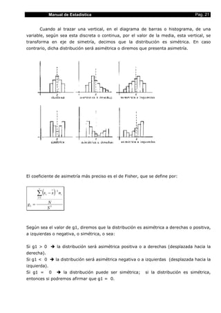 Manual de Estadística                                                            Pag. 21


         Cuando al trazar una vertical, en el diagrama de barras o histograma, de una
variable, según sea esta discreta o continua, por el valor de la media, esta vertical, se
transforma en eje de simetría, decimos que la distribución es simétrica. En caso
contrario, dicha distribución será asimétrica o diremos que presenta asimetría.




El coeficiente de asimetría más preciso es el de Fisher, que se define por:



       ∑ (x            )
        r
                           3
              i   −x           ni
       i =1

g1 =              N
                  S3



Según sea el valor de g1, diremos que la distribución es asimétrica a derechas o positiva,
a izquierdas o negativa, o simétrica, o sea:


Si g1 > 0                  la distribución será asimétrica positiva o a derechas (desplazada hacia la
derecha).
Si g1 < 0                  la distribución será asimétrica negativa o a izquierdas (desplazada hacia la
izquierda).
Si g1 =           0                 la distribución puede ser simétrica;   si la distribución es simétrica,
entonces si podremos afirmar que g1 = 0.
 